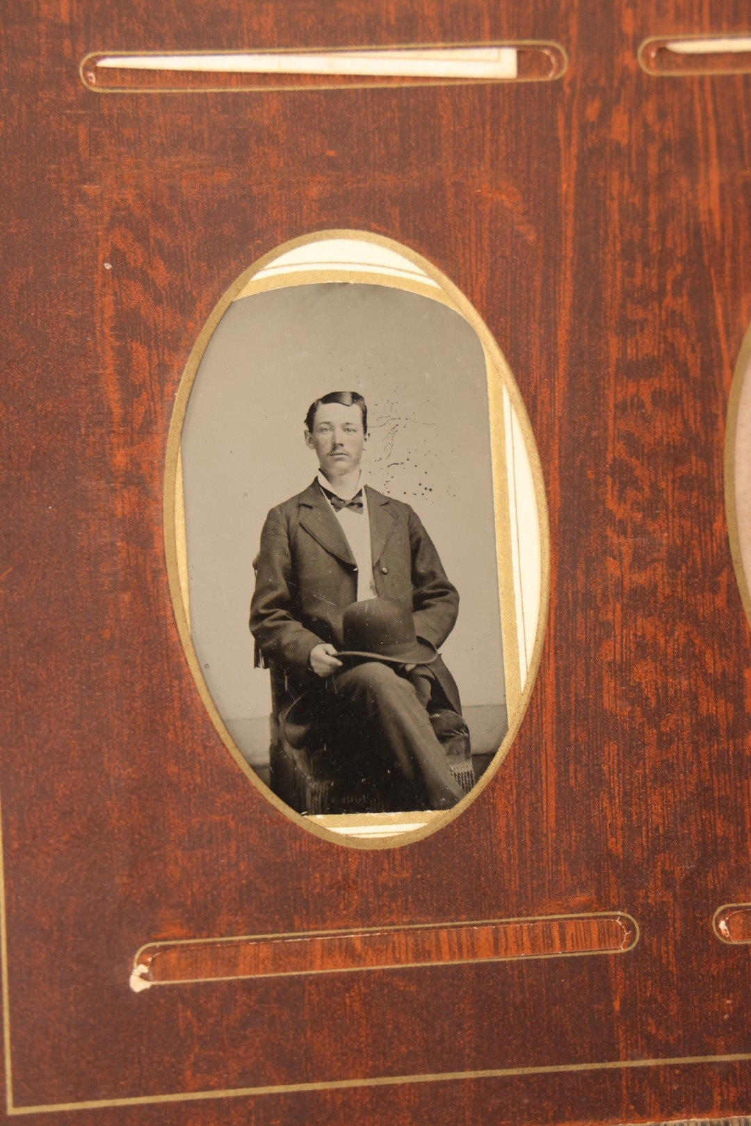 Lot 159 - Antique Victorian Family Photo Album With Brown Leather Covers And Brass Clasp Containing 18 Cabinet Cards, 13 Carte De Visite CDV Photographs, 9 Tintypes, And 4 Long Cabinet Cards Including Hidden Mother And Black Baby Portraits