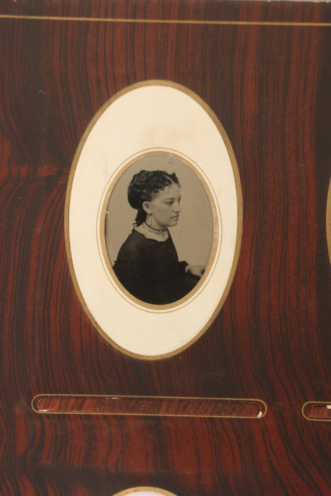 Lot 159 - Antique Victorian Family Photo Album With Brown Leather Covers And Brass Clasp Containing 18 Cabinet Cards, 13 Carte De Visite CDV Photographs, 9 Tintypes, And 4 Long Cabinet Cards Including Hidden Mother And Black Baby Portraits
