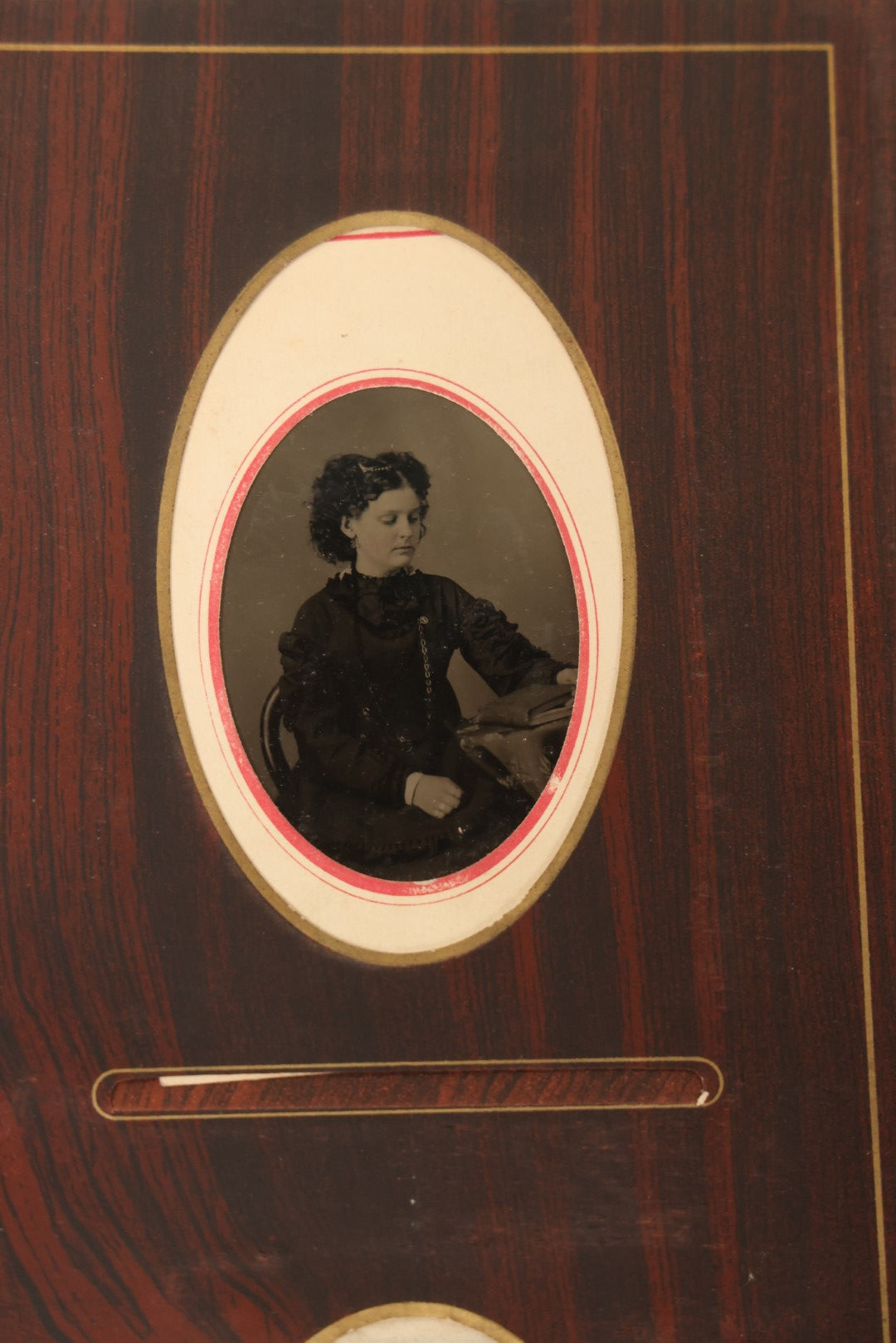 Lot 159 - Antique Victorian Family Photo Album With Brown Leather Covers And Brass Clasp Containing 18 Cabinet Cards, 13 Carte De Visite CDV Photographs, 9 Tintypes, And 4 Long Cabinet Cards Including Hidden Mother And Black Baby Portraits