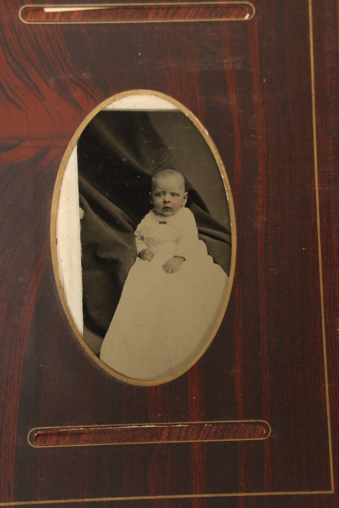 Lot 159 - Antique Victorian Family Photo Album With Brown Leather Covers And Brass Clasp Containing 18 Cabinet Cards, 13 Carte De Visite CDV Photographs, 9 Tintypes, And 4 Long Cabinet Cards Including Hidden Mother And Black Baby Portraits