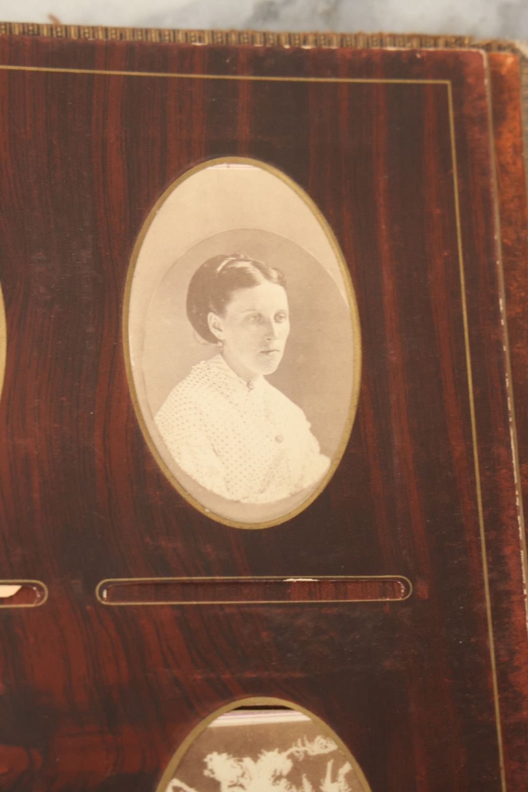 Lot 159 - Antique Victorian Family Photo Album With Brown Leather Covers And Brass Clasp Containing 18 Cabinet Cards, 13 Carte De Visite CDV Photographs, 9 Tintypes, And 4 Long Cabinet Cards Including Hidden Mother And Black Baby Portraits