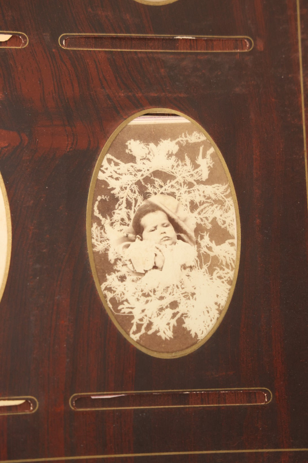 Lot 159 - Antique Victorian Family Photo Album With Brown Leather Covers And Brass Clasp Containing 18 Cabinet Cards, 13 Carte De Visite CDV Photographs, 9 Tintypes, And 4 Long Cabinet Cards Including Hidden Mother And Black Baby Portraits