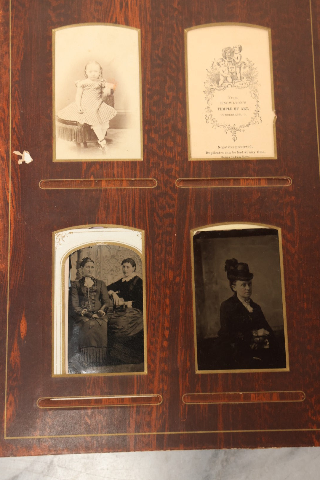 Lot 159 - Antique Victorian Family Photo Album With Brown Leather Covers And Brass Clasp Containing 18 Cabinet Cards, 13 Carte De Visite CDV Photographs, 9 Tintypes, And 4 Long Cabinet Cards Including Hidden Mother And Black Baby Portraits