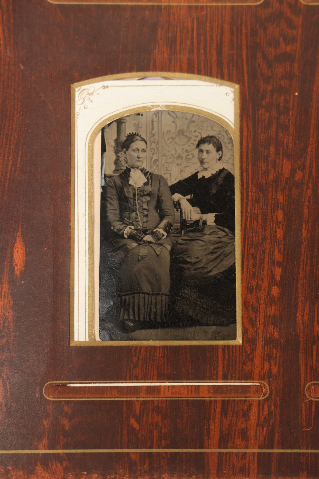 Lot 159 - Antique Victorian Family Photo Album With Brown Leather Covers And Brass Clasp Containing 18 Cabinet Cards, 13 Carte De Visite CDV Photographs, 9 Tintypes, And 4 Long Cabinet Cards Including Hidden Mother And Black Baby Portraits