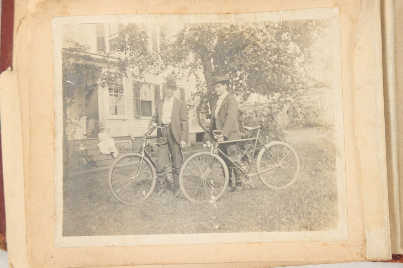 Lot 160 - Antique Snapshot Photo Album With Nineteen Photographs Including Men With Bicycles, Women At Beach, Dog Photos, And Family Memorial, Badger Plain Leaf Album No. 701 By Heinn Specialty Co., Milwaukee, Wisconsin, Circa 1895