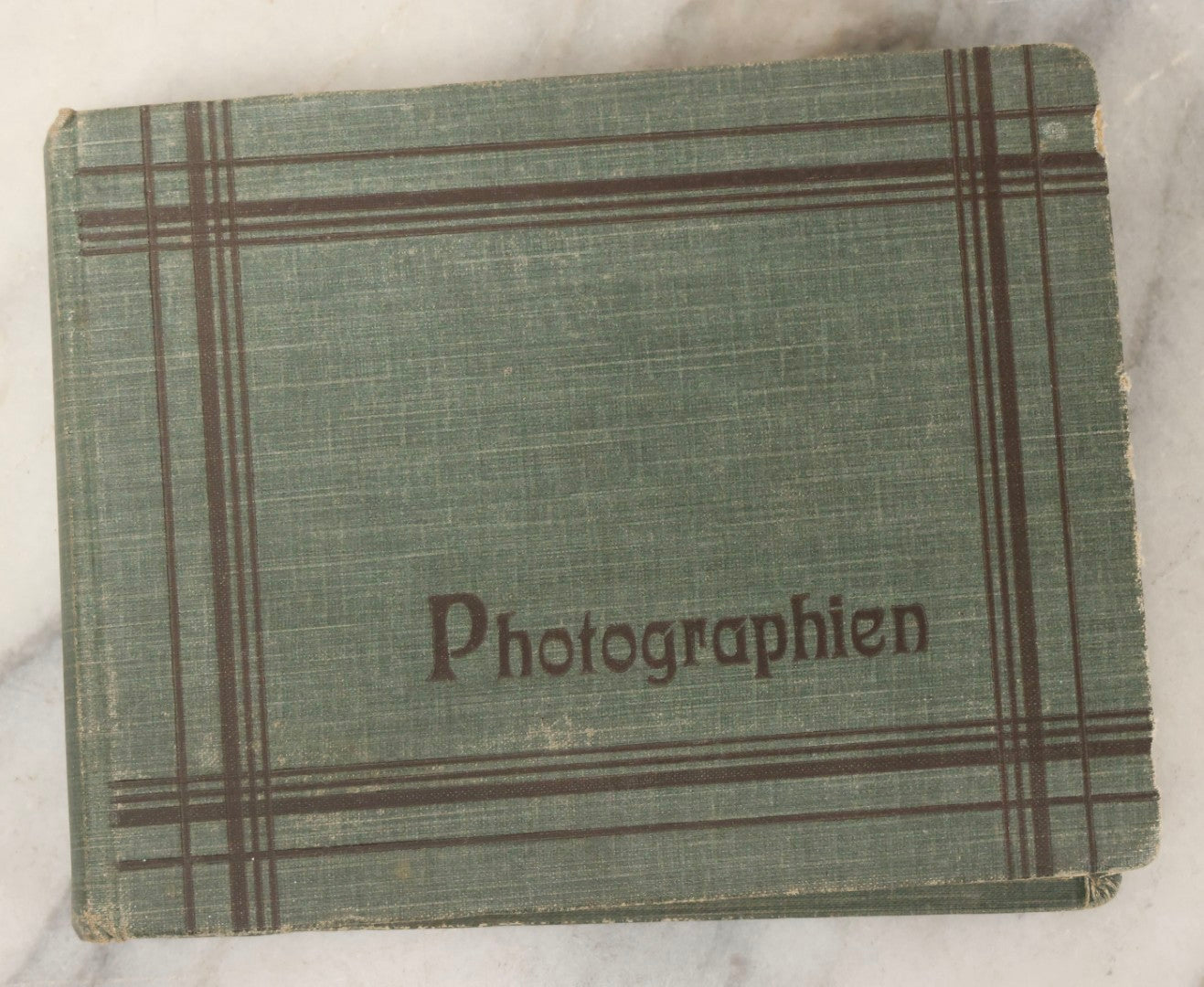 Lot 161 - "Photographien" Antique European Travel Photo Album, Green Hardcover With Black Plaid Stripe Design, Inscribed 1903, Containing Travel Photographs Of Switzerland With Captions