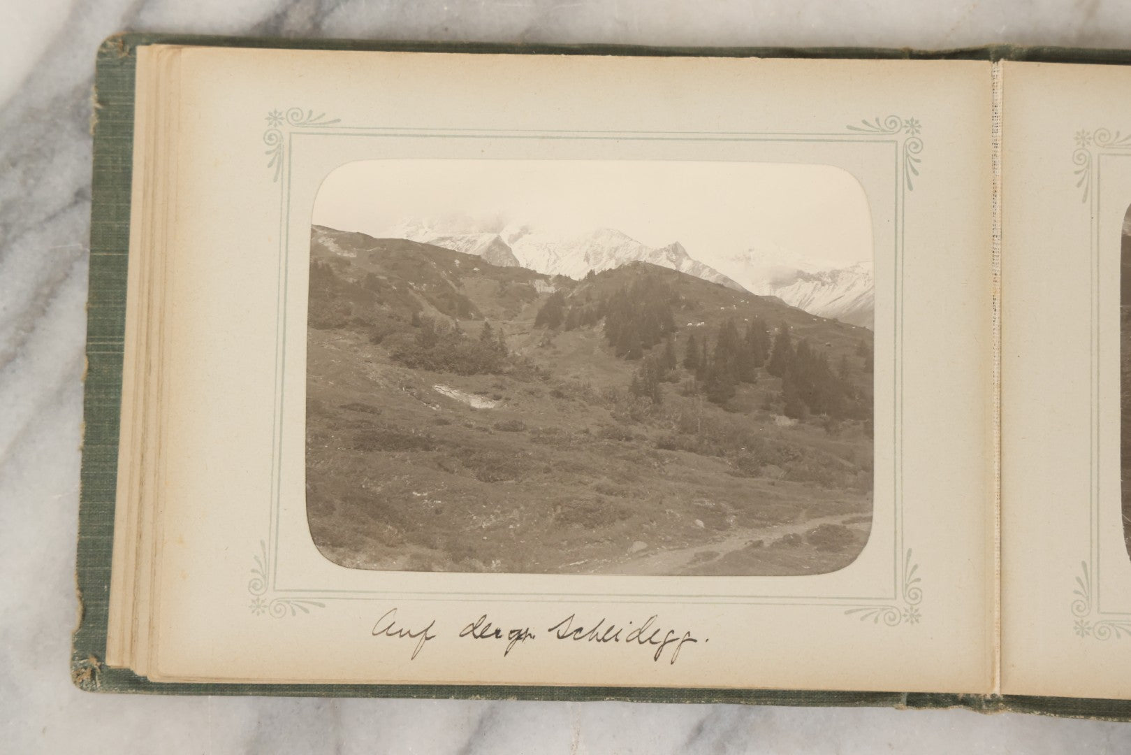 Lot 161 - "Photographien" Antique European Travel Photo Album, Green Hardcover With Black Plaid Stripe Design, Inscribed 1903, Containing Travel Photographs Of Switzerland With Captions