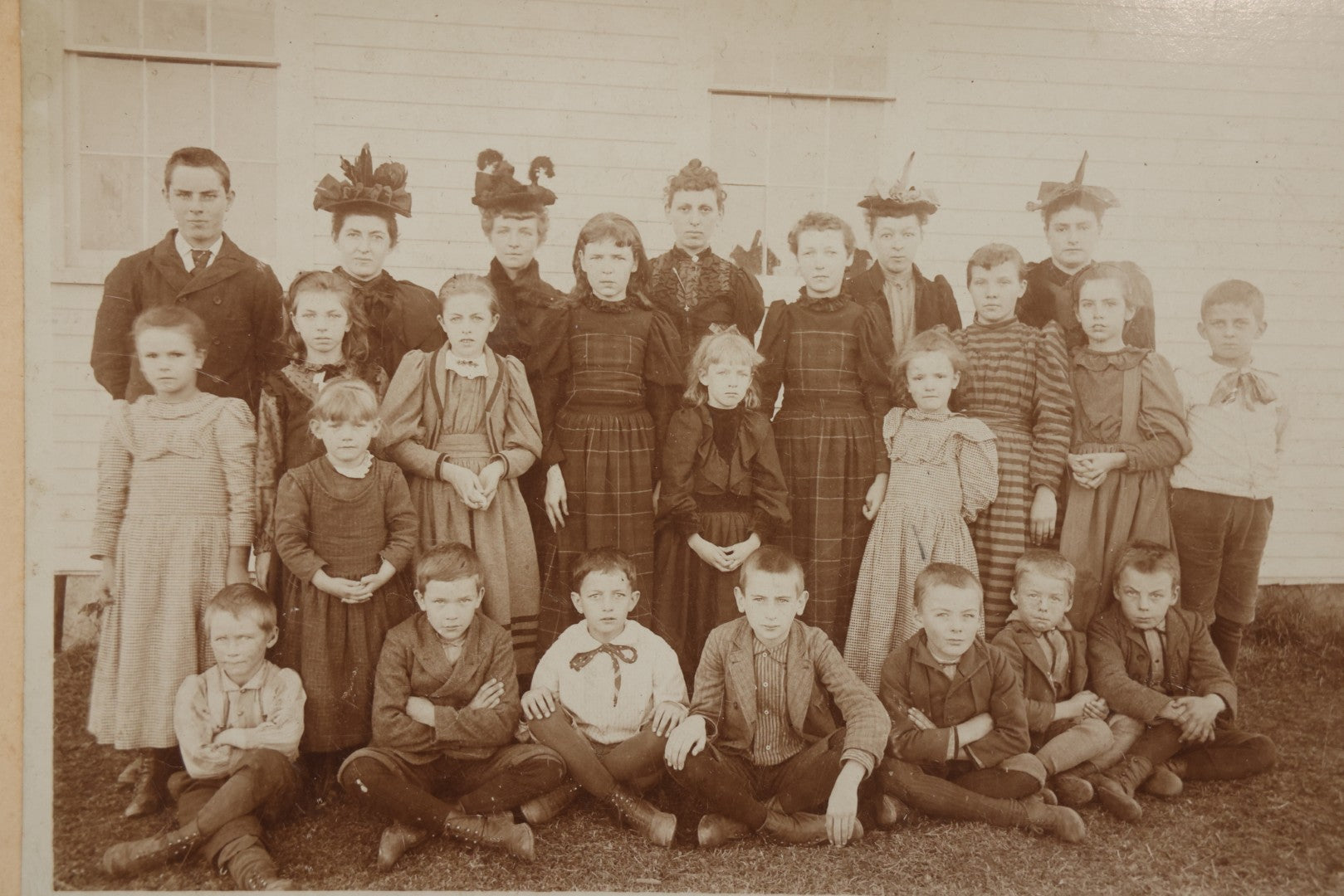 Lot 169 - Antique Boarded Photograph Of Small School Class With Boys, Girls, And Teachers Wearing Elaborate Hats