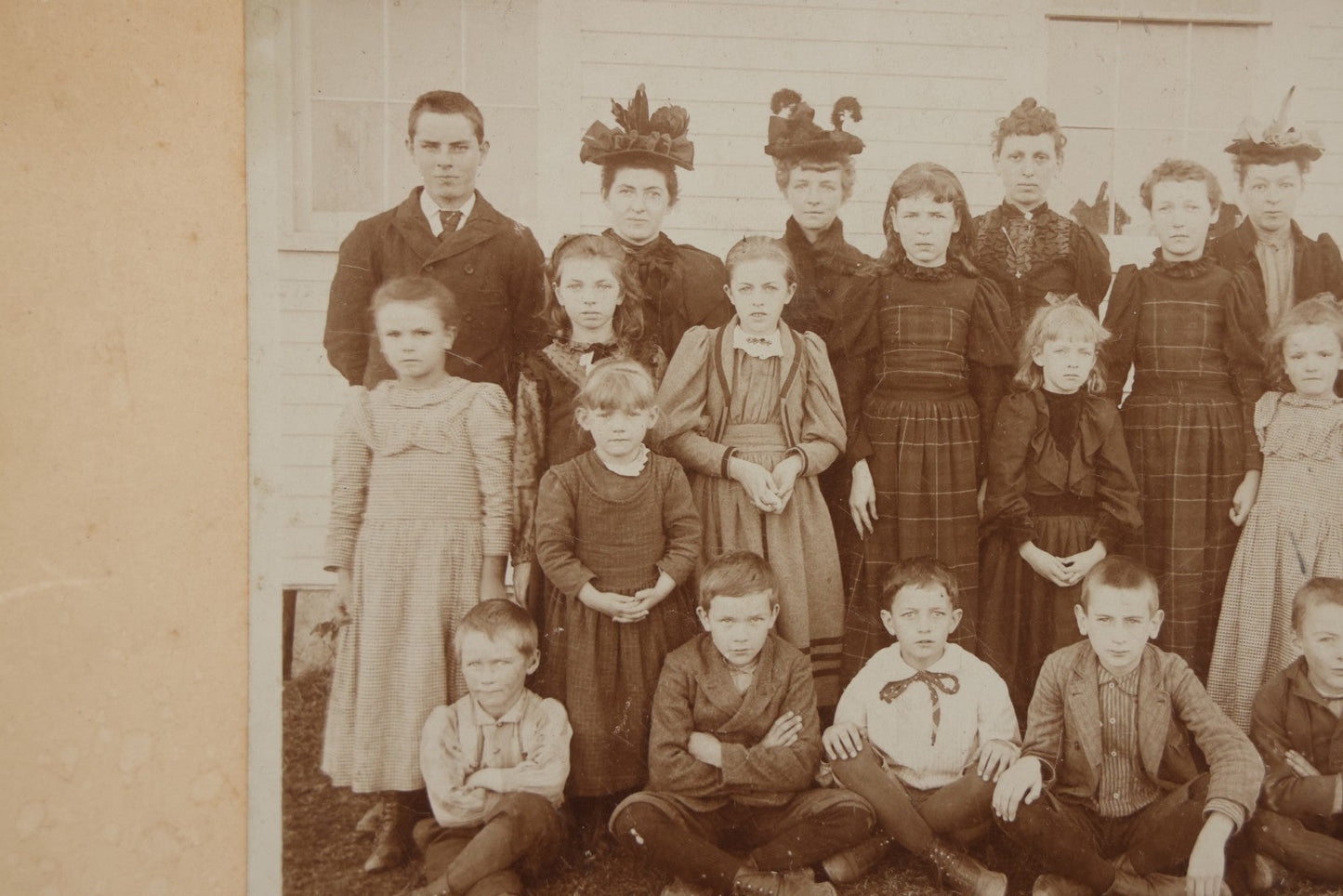 Lot 169 - Antique Boarded Photograph Of Small School Class With Boys, Girls, And Teachers Wearing Elaborate Hats