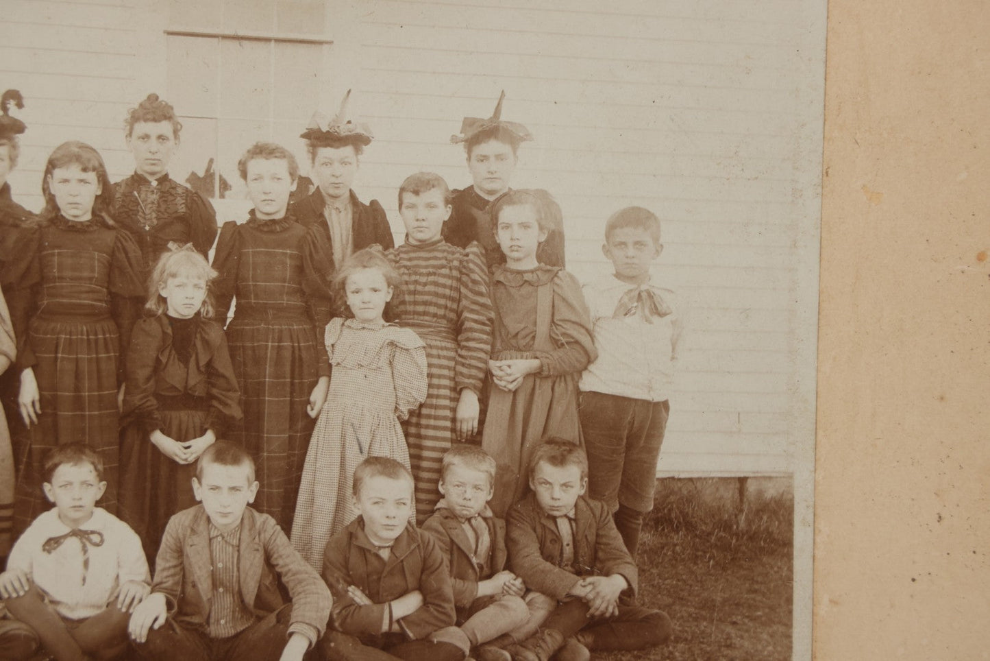 Lot 169 - Antique Boarded Photograph Of Small School Class With Boys, Girls, And Teachers Wearing Elaborate Hats
