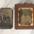 Lot 175 - Grouping Of Four Antique Tintype Portrait Photographs Including Outdoor Portrait Of Three Women In Custom Mini Wood Frame, Family With Children, Two Men, And Well-Dressed Ladies With A Man