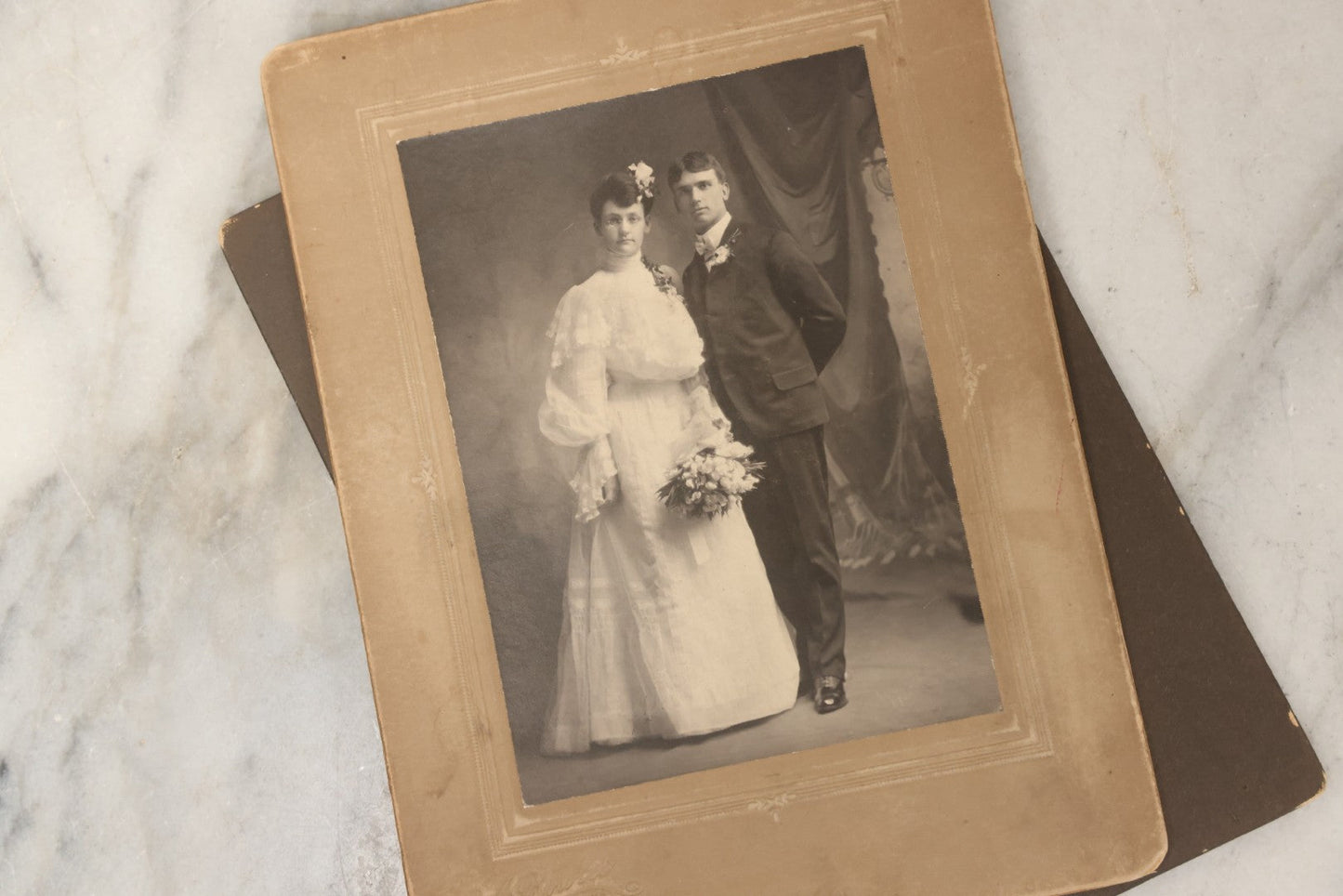 Lot 177 - Grouping Of Twelve Antique Photographs, Mostly Boarded, Including Wedding, Children, And Women Portraits, Circa 1880–1900