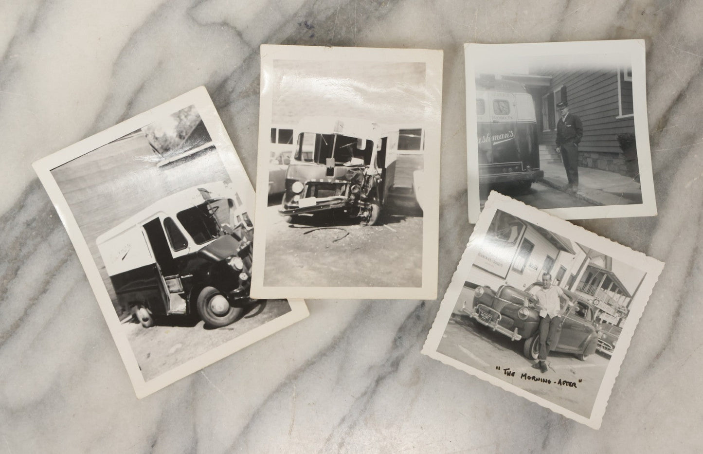 Lot 183 - Grouping Of Four Vintage Automotive Snapshot Photographs Including "The Morning After" At Folly Beach, South Carolina, 1954, And Cushman's Delivery Service Step Van Before And After Collision