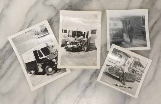 Lot 183 - Grouping Of Four Vintage Automotive Snapshot Photographs Including "The Morning After" At Folly Beach, South Carolina, 1954, And Cushman's Delivery Service Step Van Before And After Collision