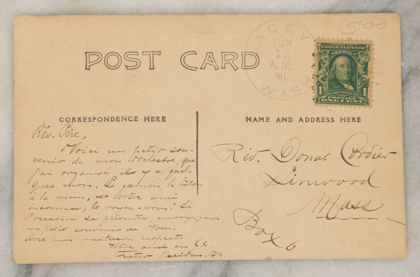 Lot 187 - Antique Real Photo Postcard RPPC Of Martin's College Band, Later Saint Martin's University, Featuring Priests And Students With Brass, String, And Percussion Instruments, Postmarked Washington Circa 1908 With French Message