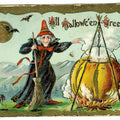 Lot 188 - Antique Embossed Halloween Postcard “All Halloween Greetings” Depicting Witch With Broom Stirring Jack-O-Lantern Cauldron With Black Cat And Bats, Printed In Germany, Trademark 2040 A, Postmarked Defiance, Ohio, 1909, Written On Verso