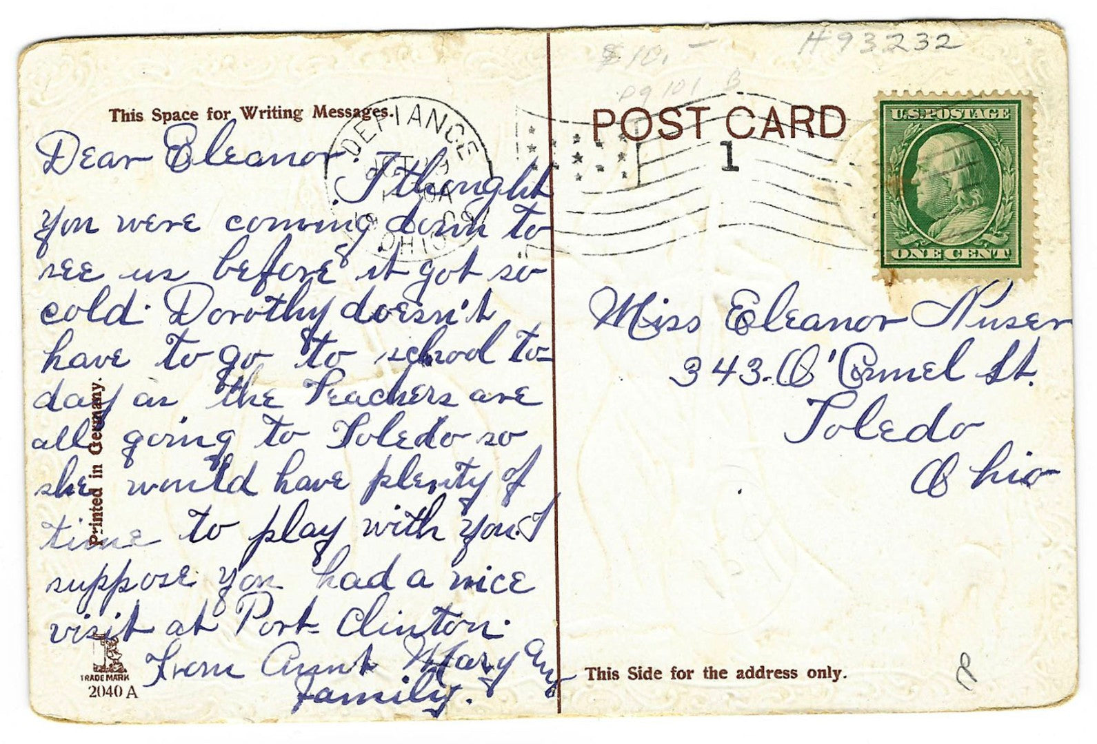 Lot 188 - Antique Embossed Hallowe'en Postcard “All Hallowe'en Greetings” Depicting Witch With Broom Stirring Jack-O-Lantern Cauldron With Black Cat And Bats, Printed In Germany, Trademark 2040 A, Postmarked Defiance, Ohio, 1909, Written On Verso
