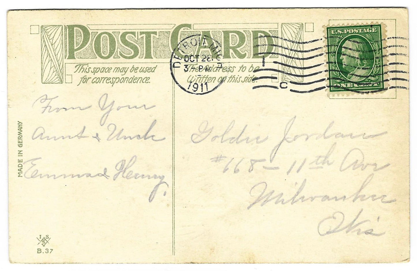Lot 191 - Antique Embossed Gold-Accented Hallowe'en Postcard “A Lucky Hallowe'en” Depicting Fortune Fairy Emerging From Walnut Shell, I.S. B.37, Made In Germany, Postmarked Fort Detroit, Michigan, 1911, Written On Verso