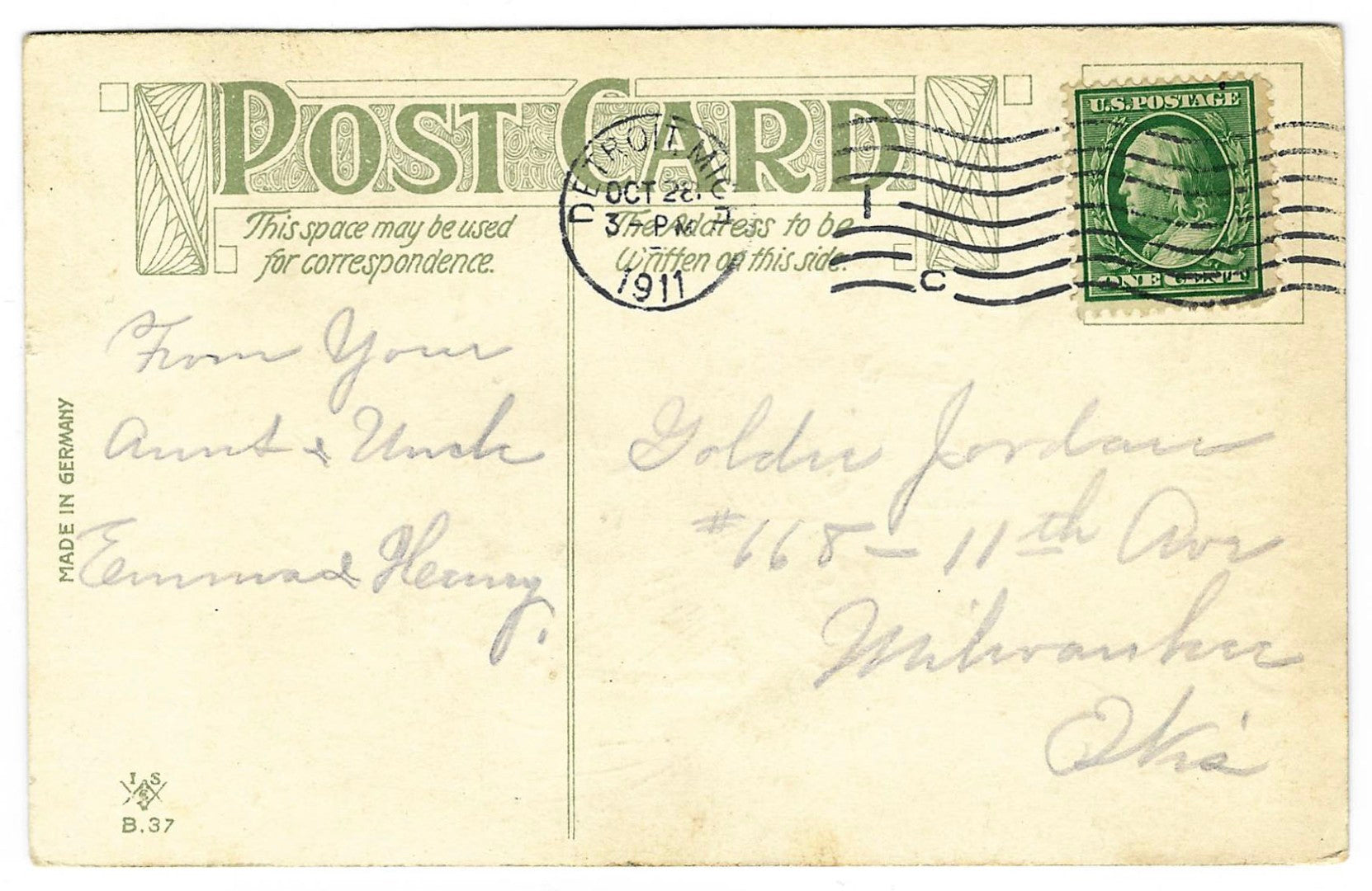 Lot 191 - Antique Embossed Gold-Accented Hallowe'en Postcard “A Lucky Hallowe'en” Depicting Fortune Fairy Emerging From Walnut Shell, I.S. B.37, Made In Germany, Postmarked Fort Detroit, Michigan, 1911, Written On Verso