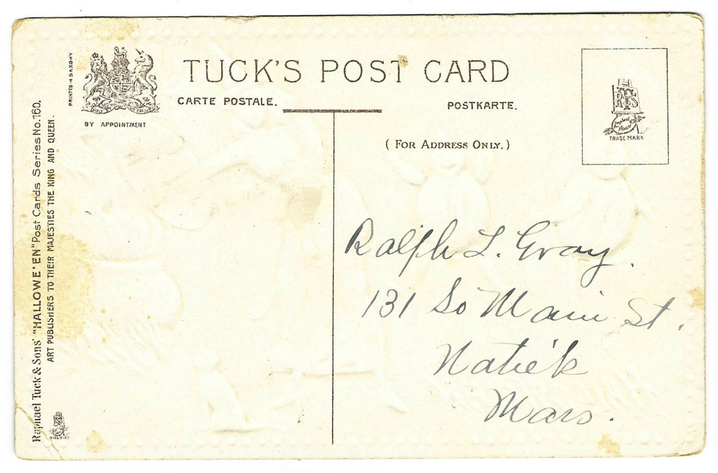 Lot 192 - Antique Embossed Hallowe'en Postcard Depicting Witch And Pumpkin-Head Imps Dining With Devils Beside Cauldron, Raphael Tuck & Sons, “Hallowe'en” Series No. 160, Printed In Saxony, Addressed To Ralph L. Gray, Natick, Massachusetts