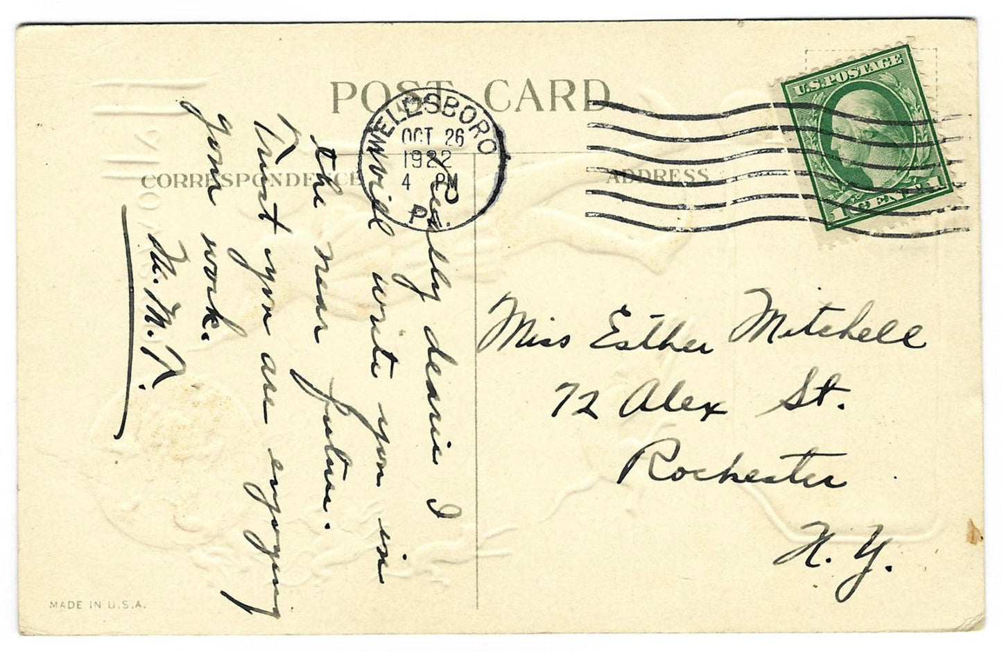 Lot 196 - Antique Hallowe'en Postcard “Hallowe'en” Depicting Woman With Mirror And Candle, Witch And Cats Silhouetted Against Full Moon, H-44, Made In USA., Postmarked Wellsboro, Pennsylvania, 1922, Written On Verso