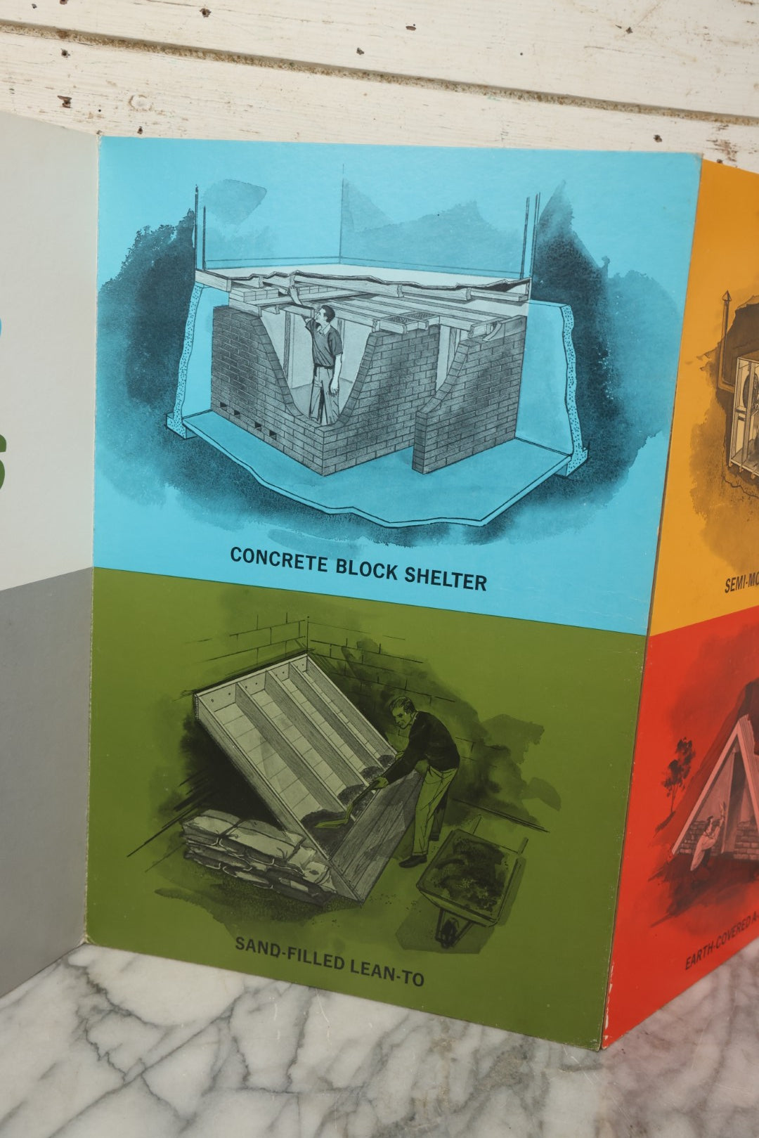 Lot 204 - Vintage 1963 U.S. Government Civil Defense “Public Shelter Designs” Fold-Out Poster, Office Of Civil Defense, Fallout Shelter Program, 48" x 18"