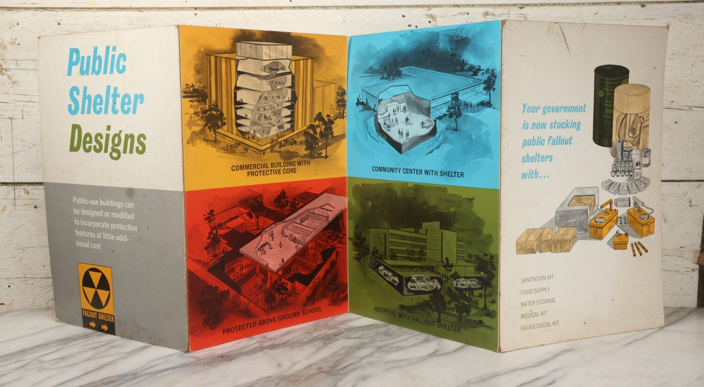 Lot 204 - Vintage 1963 U.S. Government Civil Defense “Public Shelter Designs” Fold-Out Poster, Office Of Civil Defense, Fallout Shelter Program, 48" x 18"
