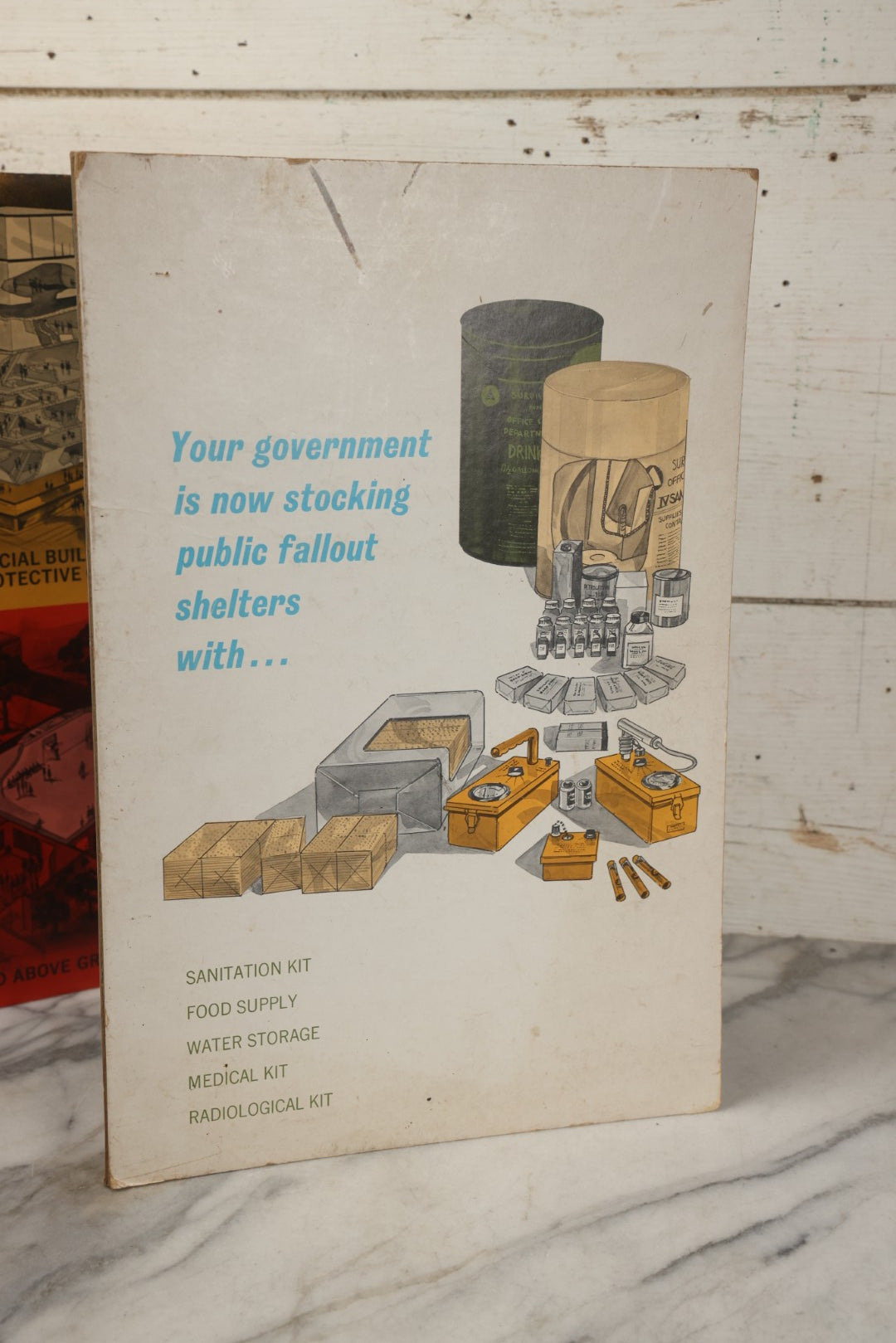 Lot 204 - Vintage 1963 U.S. Government Civil Defense “Public Shelter Designs” Fold-Out Poster, Office Of Civil Defense, Fallout Shelter Program, 48" x 18"