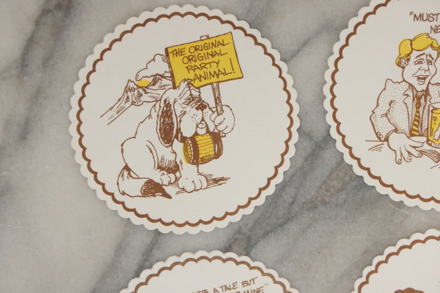 Lot 208 - Grouping Of Eight Vintage Novelty Comic Paper Bar Drink Coasters With Humorous Illustrations Of Bar Idioms Including Bar Fly, Screwdriver, Party Animal, And Boilermaker