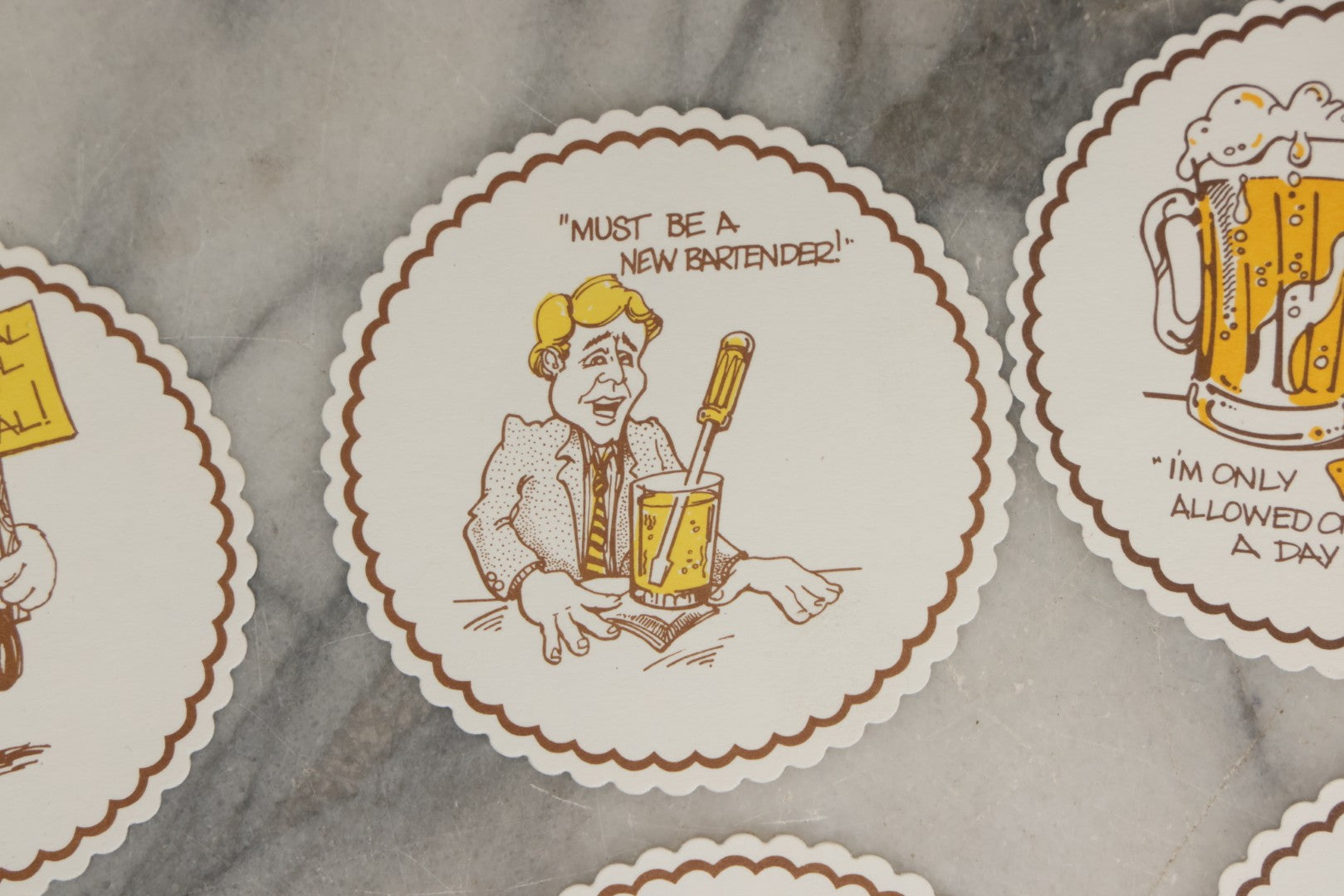 Lot 208 - Grouping Of Eight Vintage Novelty Comic Paper Bar Drink Coasters With Humorous Illustrations Of Bar Idioms Including Bar Fly, Screwdriver, Party Animal, And Boilermaker