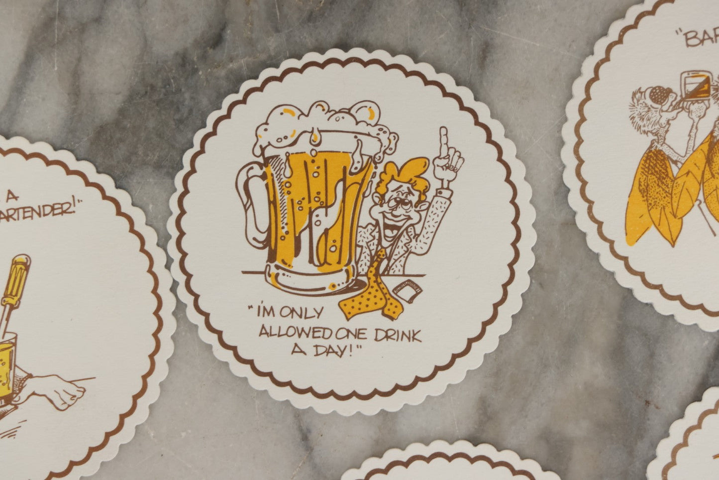 Lot 208 - Grouping Of Eight Vintage Novelty Comic Paper Bar Drink Coasters With Humorous Illustrations Of Bar Idioms Including Bar Fly, Screwdriver, Party Animal, And Boilermaker