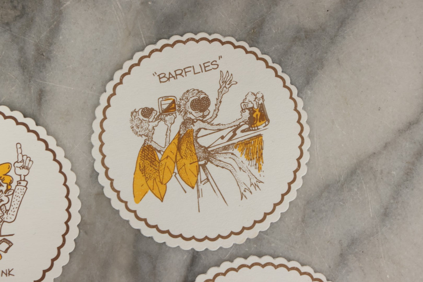 Lot 208 - Grouping Of Eight Vintage Novelty Comic Paper Bar Drink Coasters With Humorous Illustrations Of Bar Idioms Including Bar Fly, Screwdriver, Party Animal, And Boilermaker