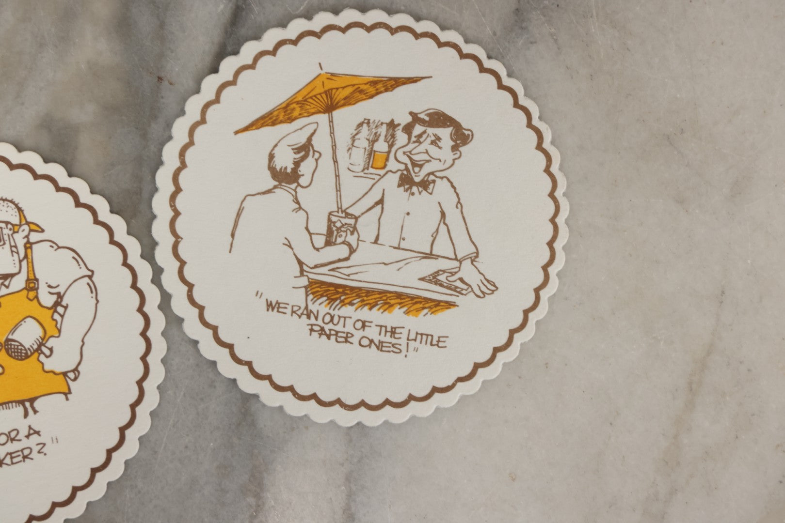 Lot 208 - Grouping Of Eight Vintage Novelty Comic Paper Bar Drink Coasters With Humorous Illustrations Of Bar Idioms Including Bar Fly, Screwdriver, Party Animal, And Boilermaker