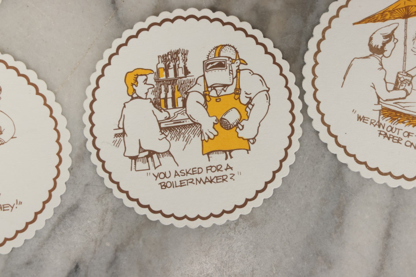 Lot 208 - Grouping Of Eight Vintage Novelty Comic Paper Bar Drink Coasters With Humorous Illustrations Of Bar Idioms Including Bar Fly, Screwdriver, Party Animal, And Boilermaker