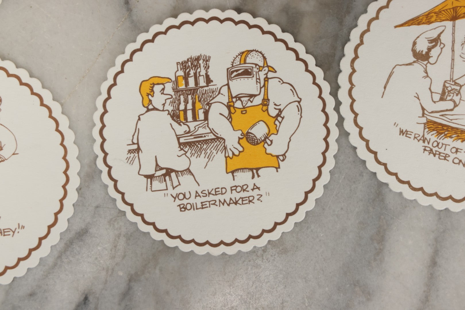 Lot 208 - Grouping Of Eight Vintage Novelty Comic Paper Bar Drink Coasters With Humorous Illustrations Of Bar Idioms Including Bar Fly, Screwdriver, Party Animal, And Boilermaker
