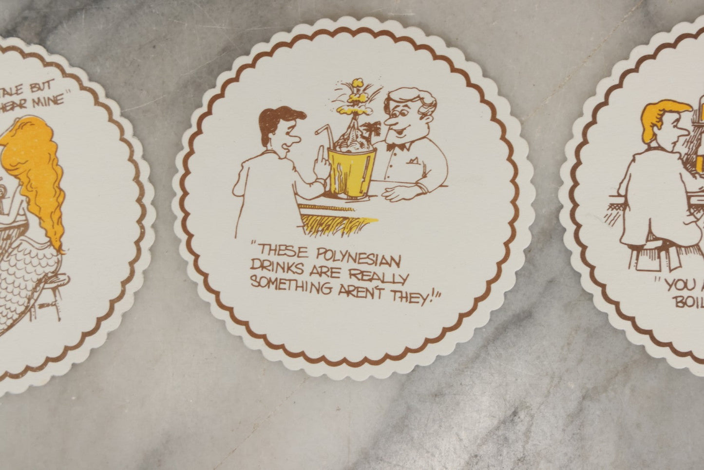 Lot 208 - Grouping Of Eight Vintage Novelty Comic Paper Bar Drink Coasters With Humorous Illustrations Of Bar Idioms Including Bar Fly, Screwdriver, Party Animal, And Boilermaker