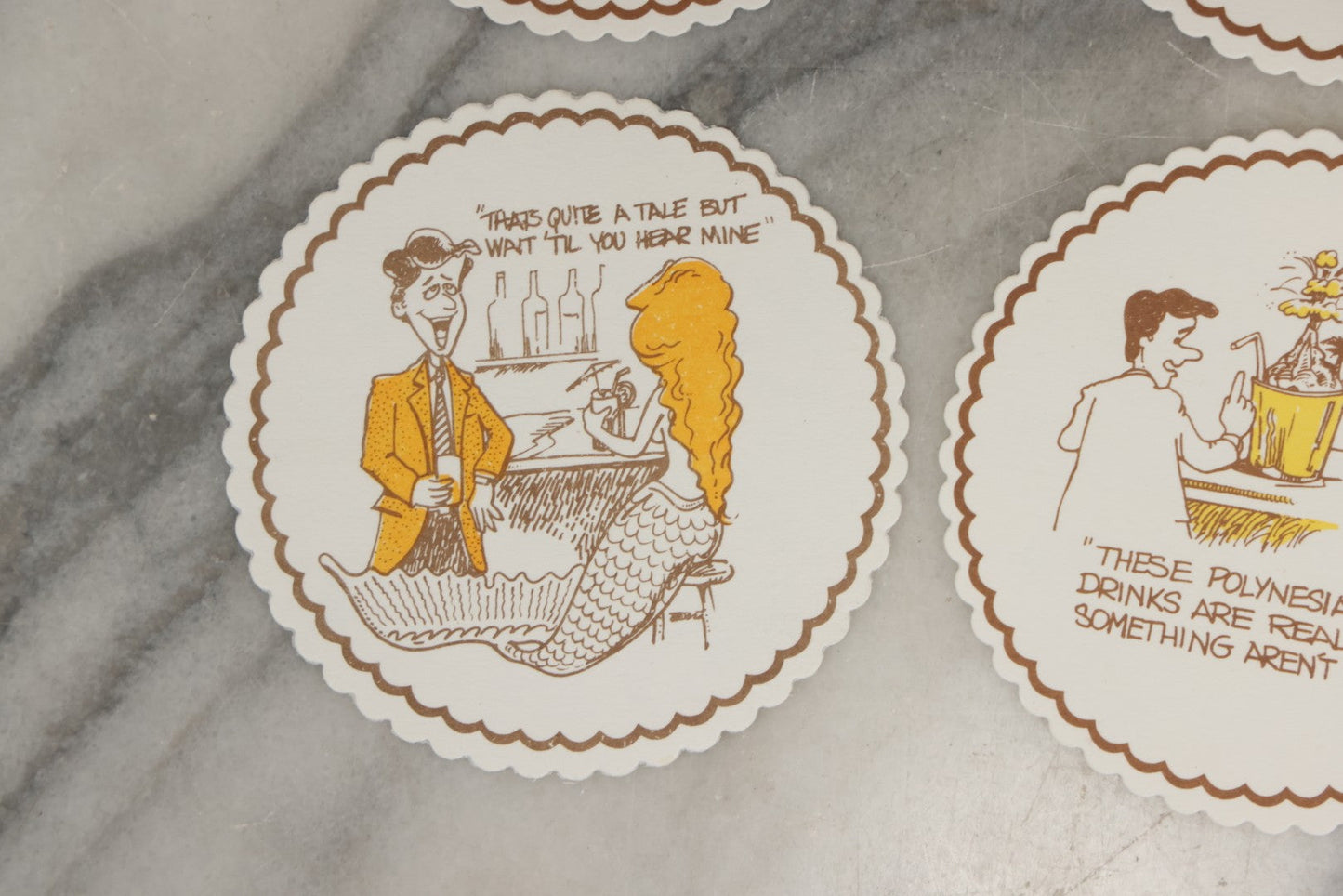 Lot 208 - Grouping Of Eight Vintage Novelty Comic Paper Bar Drink Coasters With Humorous Illustrations Of Bar Idioms Including Bar Fly, Screwdriver, Party Animal, And Boilermaker