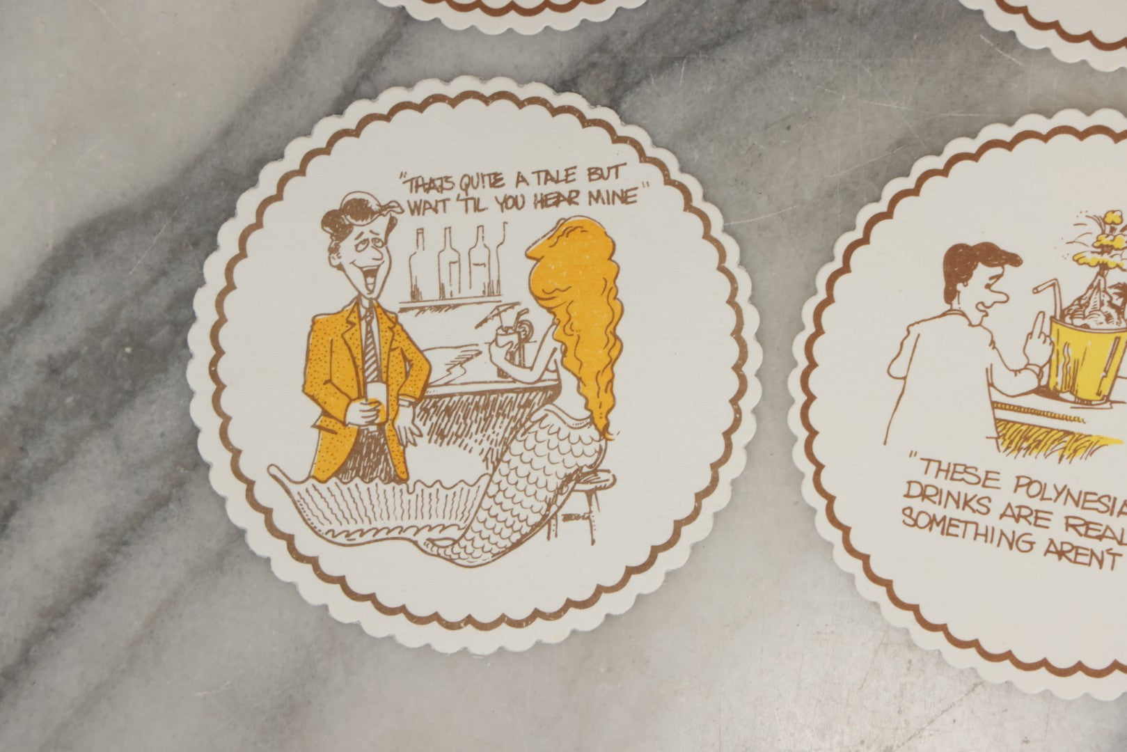 Lot 208 - Grouping Of Eight Vintage Novelty Comic Paper Bar Drink Coasters With Humorous Illustrations Of Bar Idioms Including Bar Fly, Screwdriver, Party Animal, And Boilermaker