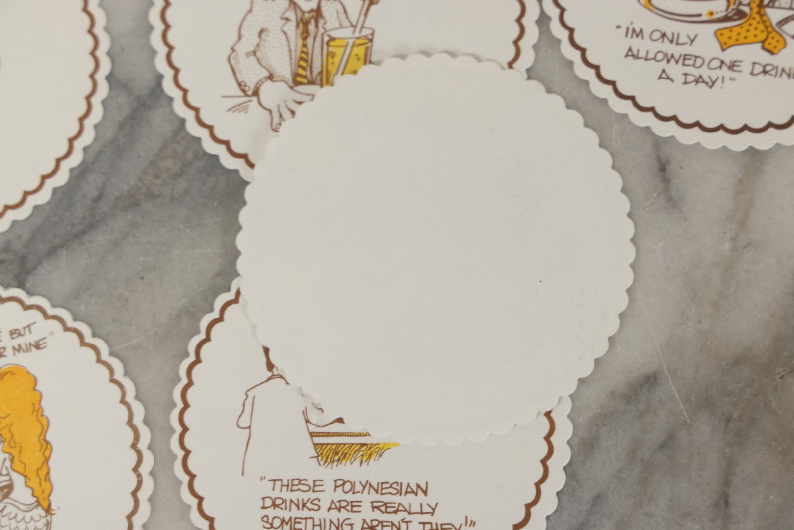 Lot 208 - Grouping Of Eight Vintage Novelty Comic Paper Bar Drink Coasters With Humorous Illustrations Of Bar Idioms Including Bar Fly, Screwdriver, Party Animal, And Boilermaker