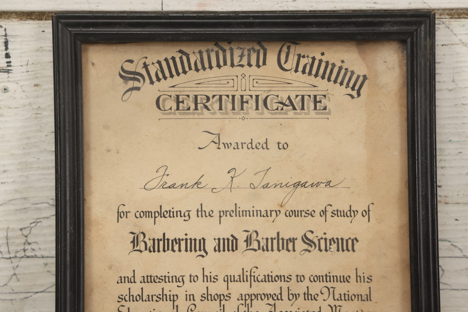 Lot 209 - Vintage 1938 Standardized Training Certificate In Barbering And Barber Science Awarded To Frank K. Tanigawa With Gold Seal In Frame, Associate Master Barbers Of America, Chicago, Illinois, 6-3/4" x 8-3/4"
