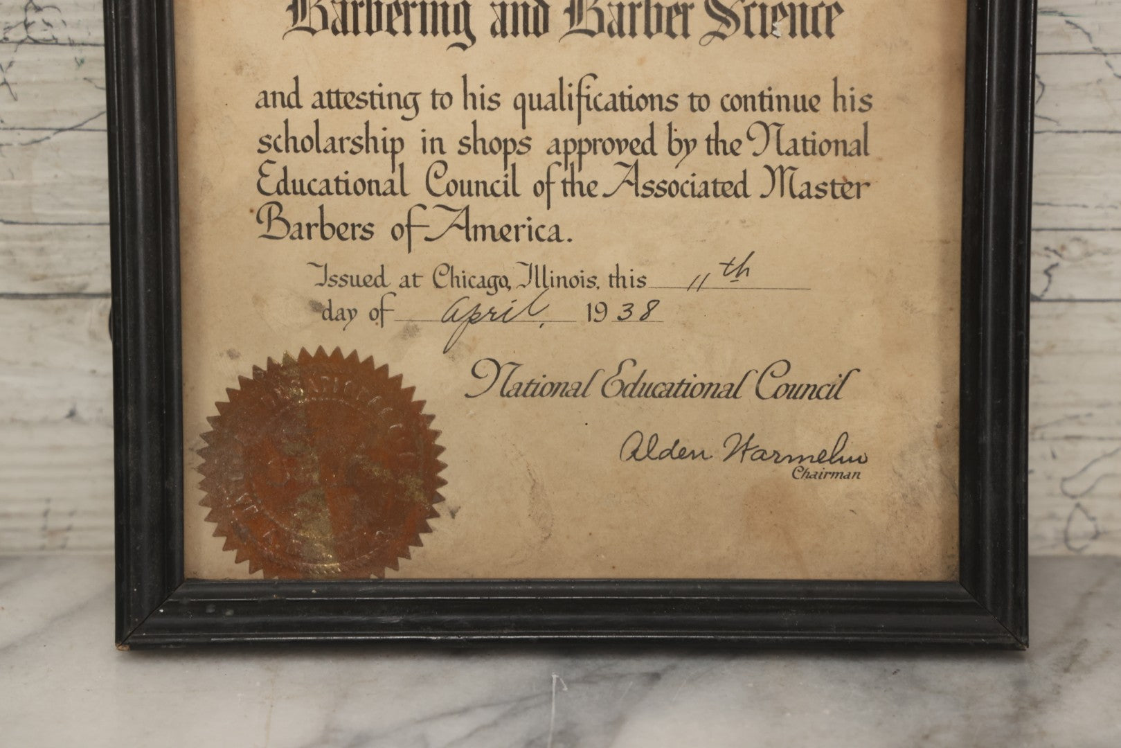 Lot 209 - Vintage 1938 Standardized Training Certificate In Barbering And Barber Science Awarded To Frank K. Tanigawa With Gold Seal In Frame, Associate Master Barbers Of America, Chicago, Illinois, 6-3/4" x 8-3/4"