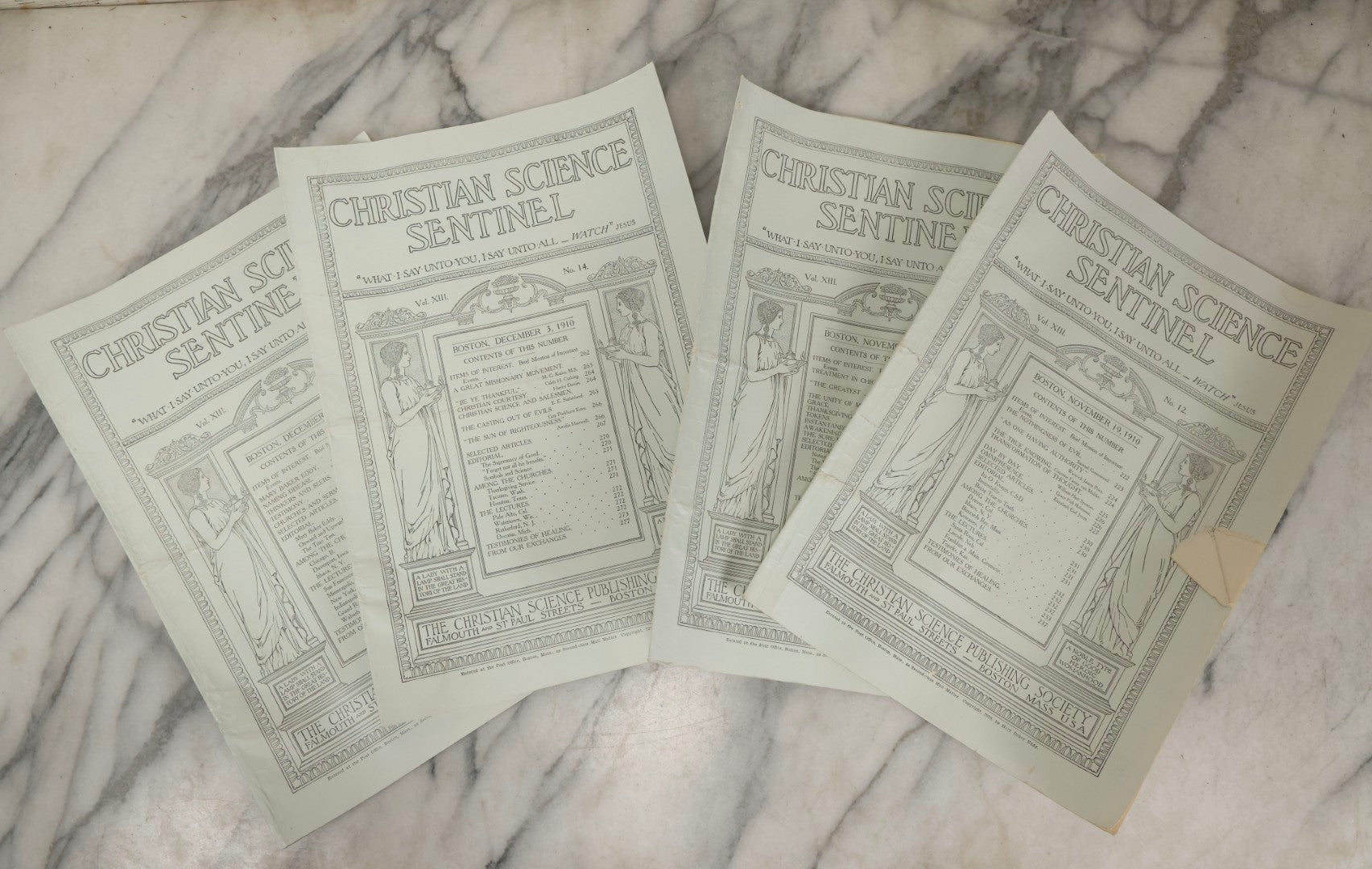 Lot 211 - Grouping Of Four Antique "Christian Science Sentinel" Magazines Vol. XIII Nos. 12–15, Copyright 1910 By Mary Baker Eddy, Christian Science Publishing Society, Boston, Massachusetts