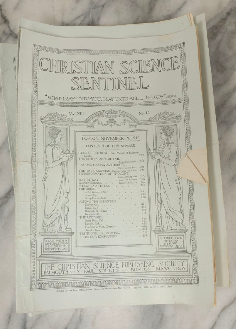 Lot 211 - Grouping Of Four Antique "Christian Science Sentinel" Magazines Vol. XIII Nos. 12–15, Copyright 1910 By Mary Baker Eddy, Christian Science Publishing Society, Boston, Massachusetts