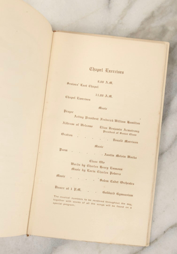 Lot 213 - Tufts Class Day 1905 Antique Souvenir Booklet, June 16 1905, With Program, Class Roll, And Exercises, Printed By E.A. Wright, Philadelphia, Tufts College, Medford, Massachusetts