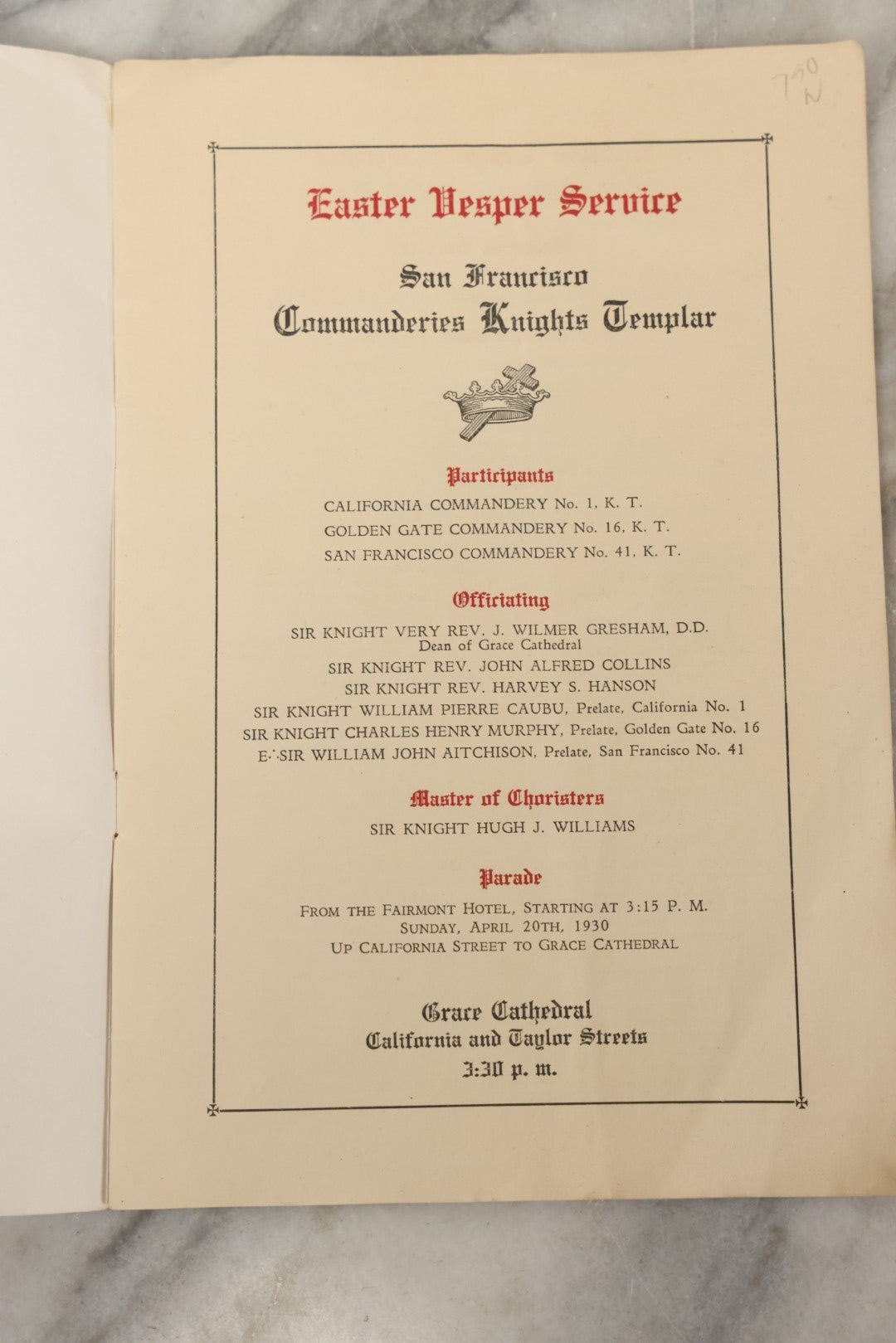 Lot 217 - Vintage 1930 Knights Templar Easter Vesper Service Program, Grace Cathedral, San Francisco, California