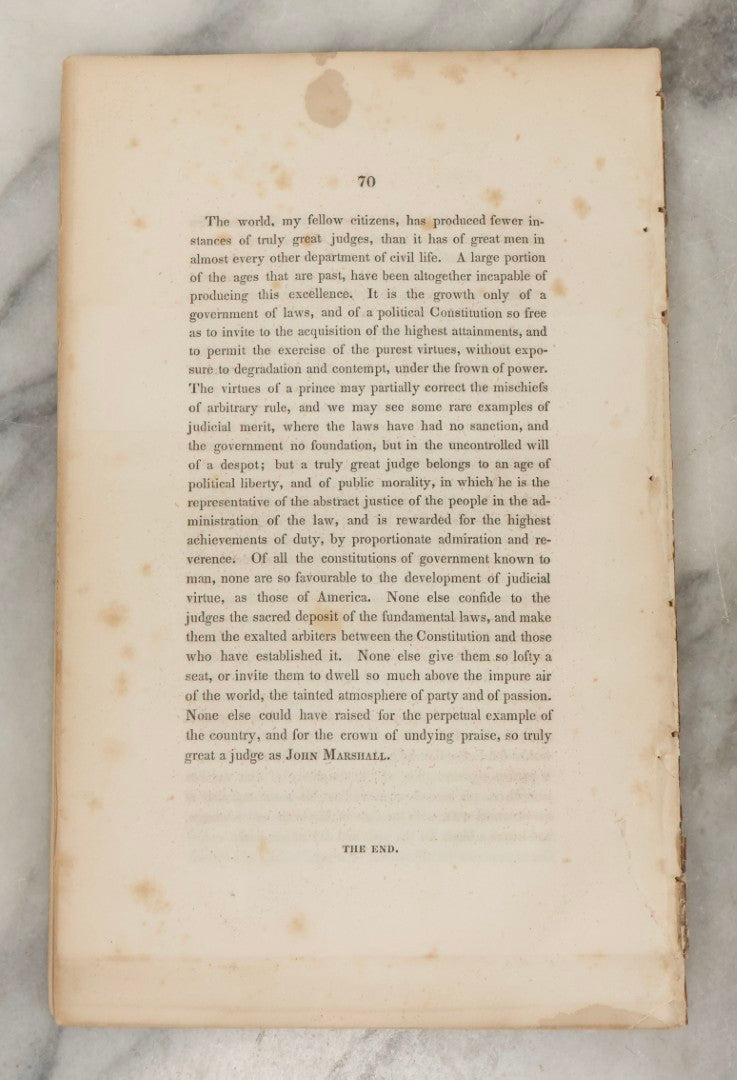 Lot 220 - “An Eulogy On The Life And Character Of John Marshall, Chief Justice Of The Supreme Court Of The United States” Antique Book By Horace Binney, Printed By J. Crissy & G. Goodman, Philadelphia, 1835