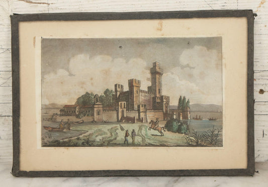 Lot 223 - Antique Hand-Colored Engraving Scaligera Castle, Sirmione, Lake Garda, Italy, Circa Early 19th Century, Mounted Behind Glass With Backing Board And Sealing Tape Border
