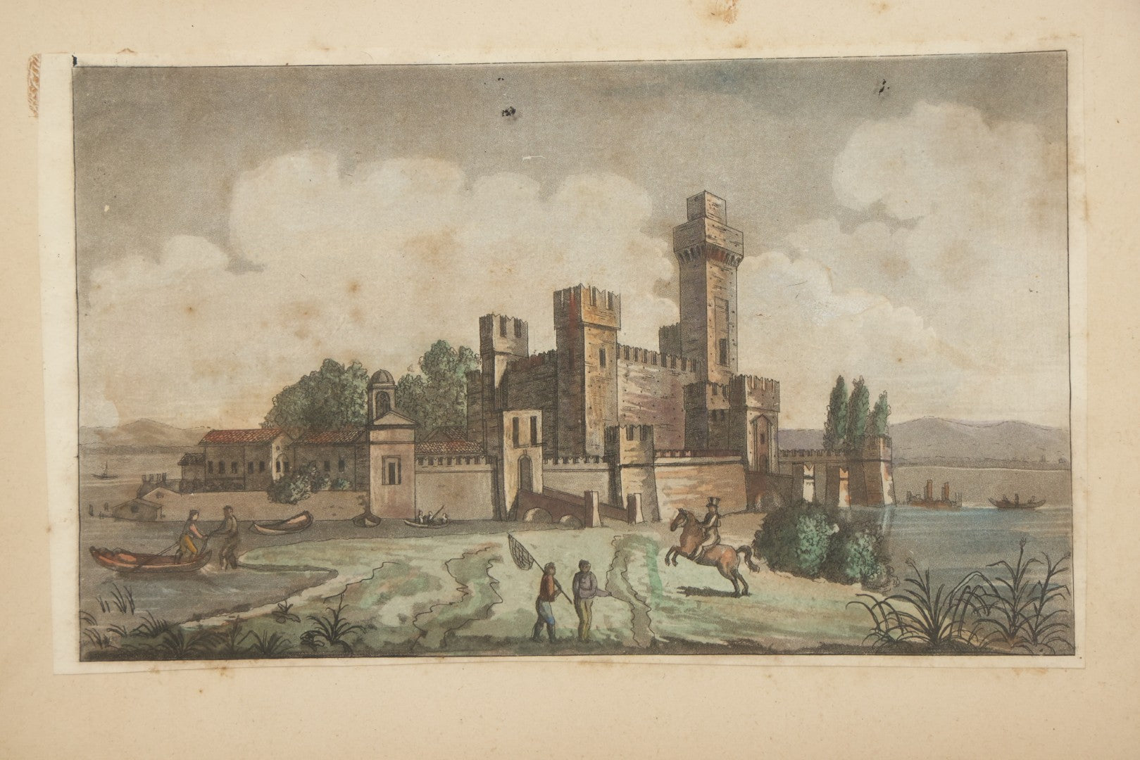 Lot 223 - Antique Hand-Colored Engraving Scaligera Castle, Sirmione, Lake Garda, Italy, Circa Early 19th Century, Mounted Behind Glass With Backing Board And Sealing Tape Border