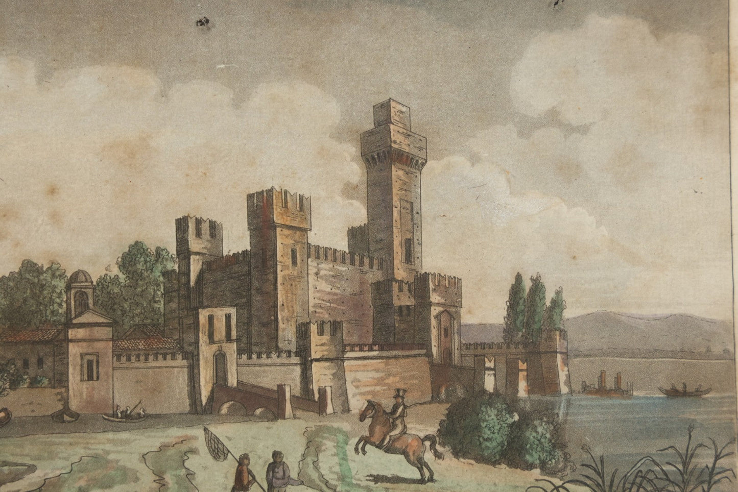 Lot 223 - Antique Hand-Colored Engraving Scaligera Castle, Sirmione, Lake Garda, Italy, Circa Early 19th Century, Mounted Behind Glass With Backing Board And Sealing Tape Border