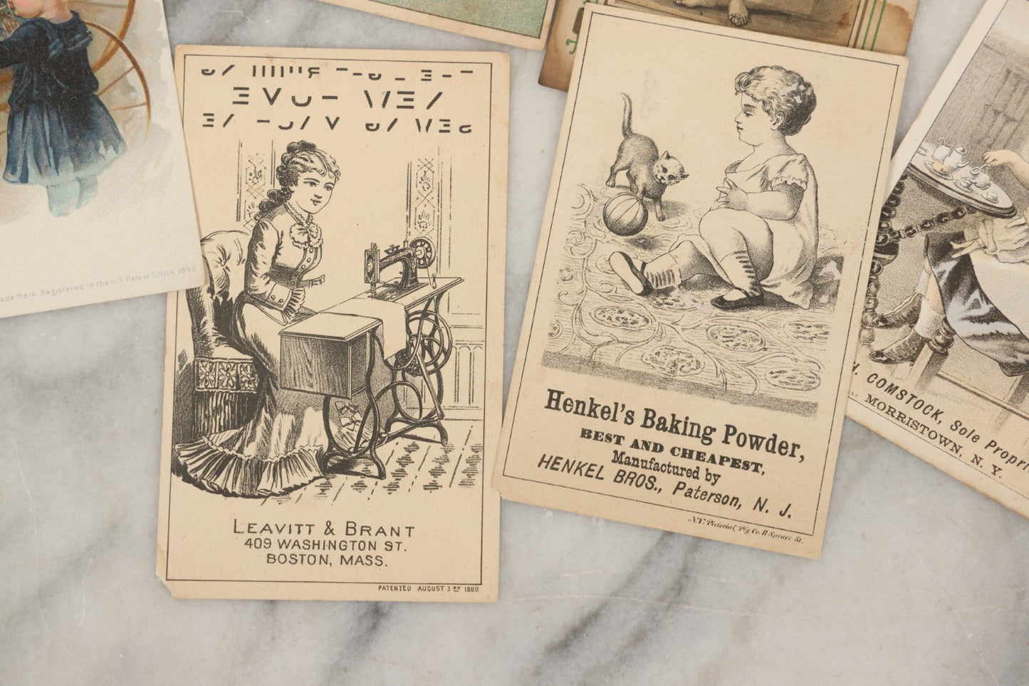 Lot 241 - Grouping Of 15 Antique Victorian Lithographed Trade Card Advertisements Including J. & P. Coates Thread, Milkmaid Brand Condensed Milk, Henkel's Baking Powder, Boston Brass Andirons, Fairbanks Soap, And Singer Manufacturing Co. Sewing Machines
